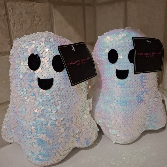 Christian Siriano Halloween Ghost Home Decor Sequin Iridescent Plush Set Of 2 - Picture 1 of 5